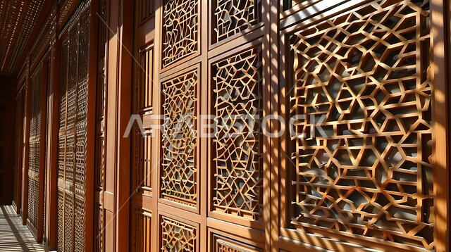 ديكورات داخلية فخمة، نوافذ خشبية مزخرفة بنقوش مميزة في وقت النهار، الفنون والتصاميم الهندسية المعمارية على الطراز الاسلامي 
