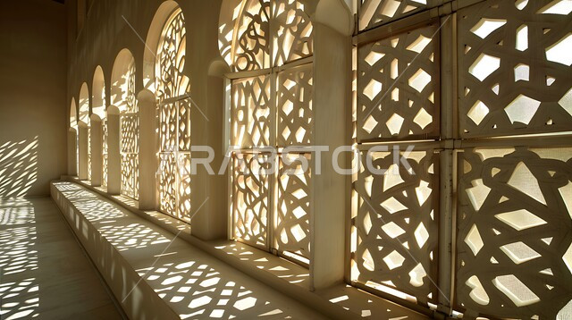 ديكورات داخلية فخمة، نوافذ خشبية مزخرفة بنقوش مميزة في وقت النهار، الفنون والتصاميم الهندسية المعمارية على الطراز الاسلامي 