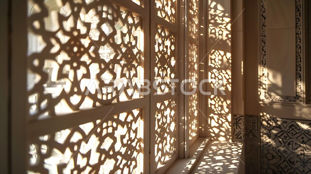 ديكورات داخلية فخمة، نوافذ خشبية مزخرفة بنقوش مميزة في وقت النهار، الفنون والتصاميم الهندسية المعمارية على الطراز الاسلامي 