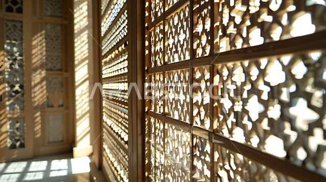 ديكورات داخلية فخمة، نوافذ خشبية مزخرفة بنقوش مميزة في وقت النهار، الفنون والتصاميم الهندسية المعمارية على الطراز الاسلامي 
