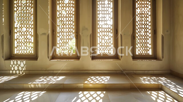 الفنون والتصاميم الهندسية المعمارية على الطراز الاسلامي, ديكورات داخلية فخمة، نوافذ خشبية مزخرفة بنقوش مميزة في وقت النهار
