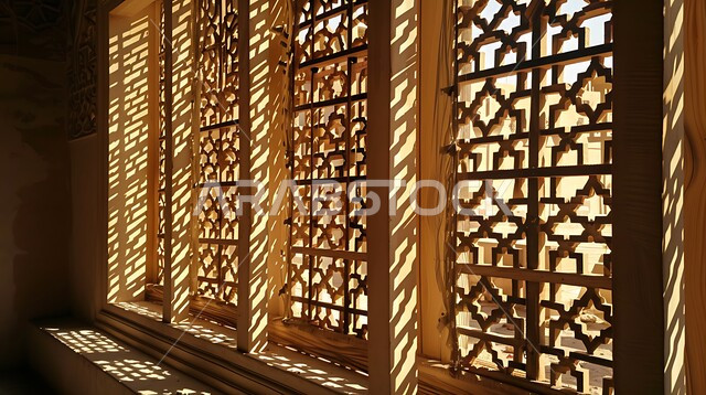 الفنون والتصاميم الهندسية المعمارية على الطراز الاسلامي, ديكورات داخلية فخمة، نوافذ خشبية مزخرفة بنقوش مميزة في وقت النهار