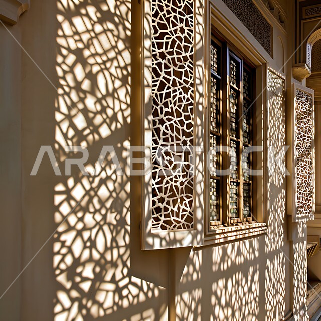 الفنون والتصاميم الهندسية المعمارية على الطراز الاسلامي, ديكورات داخلية فخمة، نوافذ خشبية مزخرفة بنقوش مميزة في وقت النهار