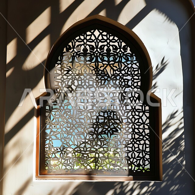 الفنون والتصاميم الهندسية المعمارية على الطراز الاسلامي, ديكورات داخلية فخمة، نوافذ خشبية مزخرفة بنقوش مميزة في وقت النهار