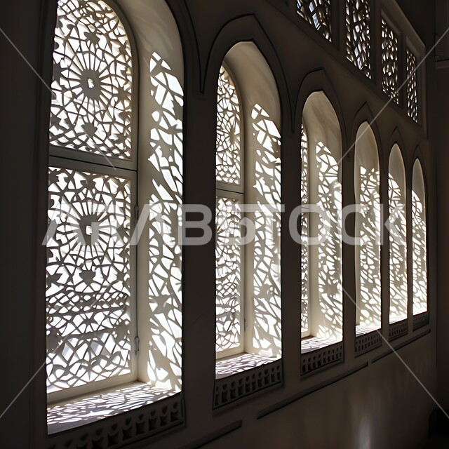 الفنون والتصاميم الهندسية المعمارية على الطراز الاسلامي, ديكورات داخلية فخمة، نوافذ خشبية مزخرفة بنقوش مميزة في وقت النهار