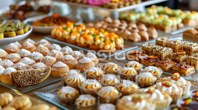 Dishes of oriental Arabic sweets, Saudi desserts with pistachios and nuts, national local products, warm hospitality in the Kingdom of Saudi Arabia, foods rich in sugars and calories.