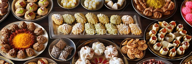 Dishes of oriental Arabic sweets, Saudi desserts with pistachios and nuts, national local products, warm hospitality in the Kingdom of Saudi Arabia, foods rich in sugars and calories.