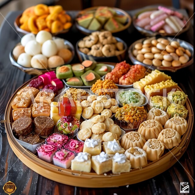 Dishes of oriental Arabic sweets, Saudi desserts with pistachios and nuts, national local products, warm hospitality in the Kingdom of Saudi Arabia, foods rich in sugars and calories.