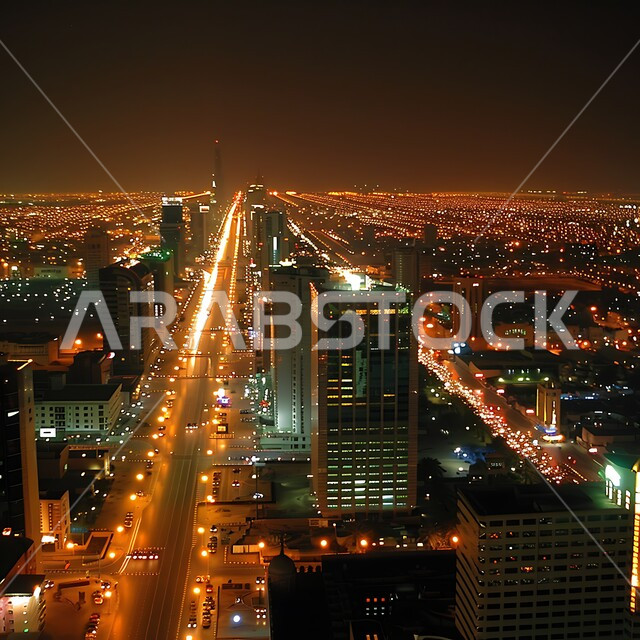 Riyadh city at night, illuminated buildings and streets, vibrant nightlife and cultural energy of the city., famous tourist attractions of Riyadh in the Kingdom of Saudi Arabia
