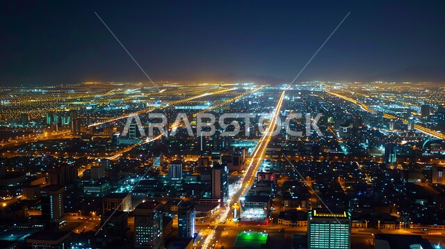 Riyadh city at night, illuminated buildings and streets, vibrant nightlife and cultural energy of the city., famous tourist attractions of Riyadh in the Kingdom of Saudi Arabia