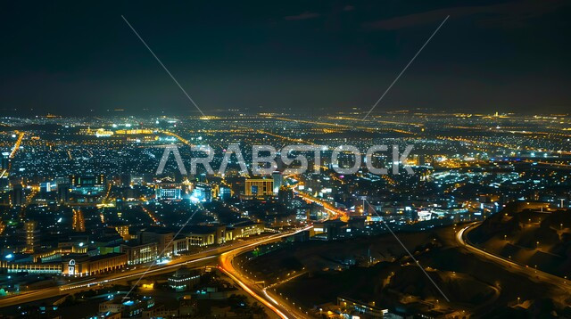 Riyadh city at night, illuminated buildings and streets, vibrant nightlife and cultural energy of the city., famous tourist attractions of Riyadh in the Kingdom of Saudi Arabia