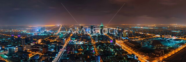 Illuminated buildings and streets, the city of Riyadh at night, the vibrant nightlife and cultural energy of the city, the famous tourist attractions of Riyadh in the Kingdom of Saudi Arabia