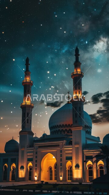 أماكن دينية اسلامية مقدسة، الديكورات والتصاميم الهندسية المعمارية لبناء المساجد في المملكة العربية السعودية، المآذن و القبب على الطراز الإسلامي العصري الحديث، مفهوم العبادة والتقرب إلى الله، خلفية السماء المرصعة بالنجوم