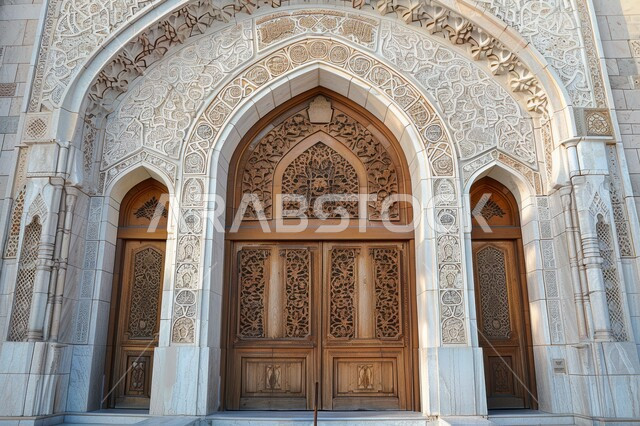 Modern architectural engineering art, ancient Arab houses in the Kingdom of Saudi Arabia, Arabic decorations and distinctive Islamic geometric shapes, a heritage door with decorative designs, wooden doors decorated in the popular style