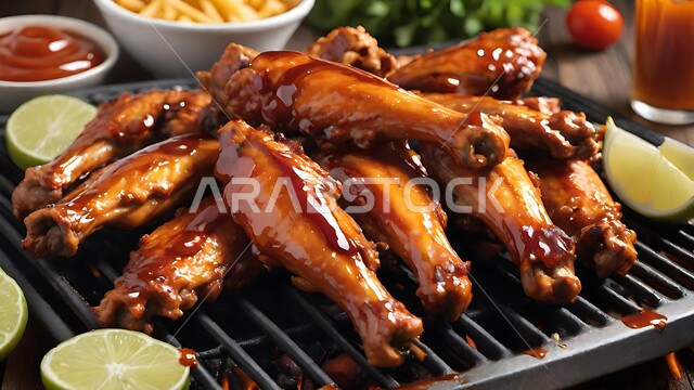 أجنحة دجاج مشوية على الشواية مع صلصة الكراميل في أجواء خارجية ريفية، الدجاج المحمر على الفحم, وجبات الطعام الصحية الشهية، أطباق الباربكيو في مطاعم ومطابخ اللحوم المشوية في المملكة العربية السعودية