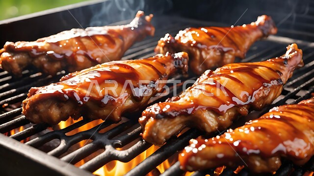 أجنحة دجاج مشوية على الشواية مع صلصة الكراميل في أجواء خارجية ريفية، الدجاج المحمر على الفحم, وجبات الطعام الصحية الشهية، أطباق الباربكيو في مطاعم ومطابخ اللحوم المشوية في المملكة العربية السعودية