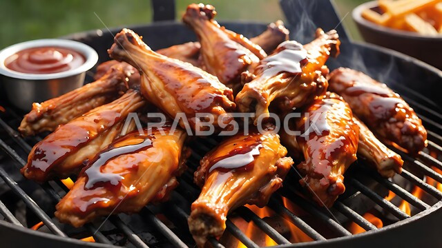 أجنحة دجاج مشوية على الشواية مع صلصة الكراميل في أجواء خارجية ريفية، الدجاج المحمر على الفحم, وجبات الطعام الصحية الشهية، أطباق الباربكيو في مطاعم ومطابخ اللحوم المشوية في المملكة العربية السعودية