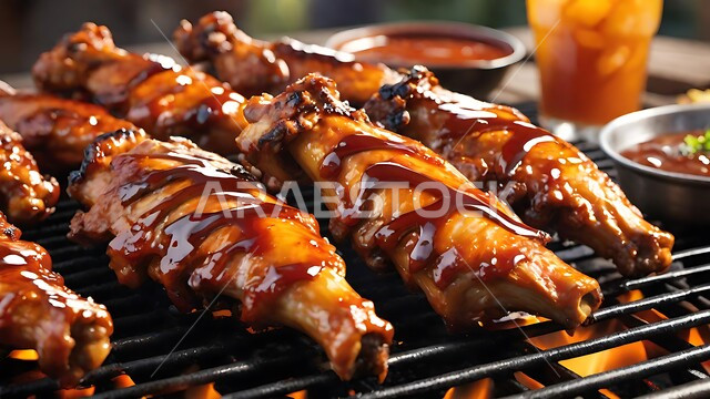 أجنحة دجاج مشوية على الشواية مع صلصة الكراميل في أجواء خارجية ريفية، الدجاج المحمر على الفحم, وجبات الطعام الصحية الشهية، أطباق الباربكيو في مطاعم ومطابخ اللحوم المشوية في المملكة العربية السعودية