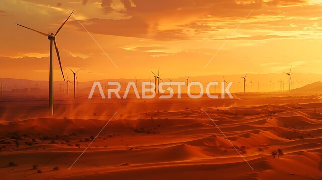 توليد الكهرباء بواسطة مزارع الرياح، مناخ قاسٍ وجاف، مفهوم استخدام الطاقات المتجددة صديقة البيئة، التنمية المستدامة بالطاقة البديلة في المملكة العربية السعودية، حقول توربينات الرياح وطواحين الهواء وسط الرمال الذهبية في المناطق الصحرواية