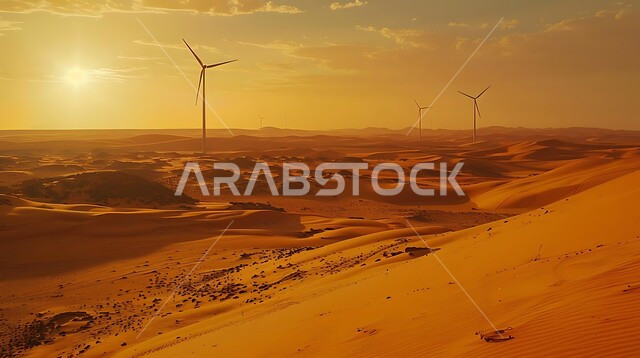 توليد الكهرباء بواسطة مزارع الرياح، مناخ قاسٍ وجاف، مفهوم استخدام الطاقات المتجددة صديقة البيئة، التنمية المستدامة بالطاقة البديلة في المملكة العربية السعودية، حقول توربينات الرياح وطواحين الهواء وسط الرمال الذهبية في المناطق الصحرواية