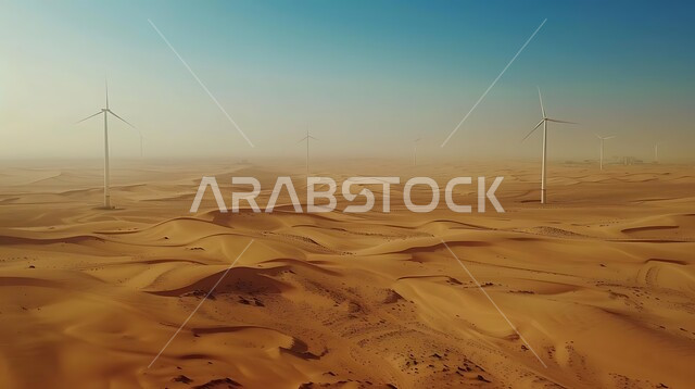 توليد الكهرباء بواسطة مزارع الرياح، مناخ قاسٍ وجاف، مفهوم استخدام الطاقات المتجددة صديقة البيئة، التنمية المستدامة بالطاقة البديلة في المملكة العربية السعودية، حقول توربينات الرياح وطواحين الهواء وسط الرمال الذهبية في المناطق الصحرواية