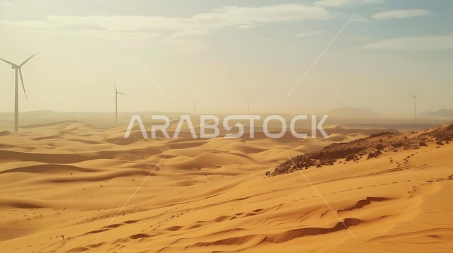 توليد الكهرباء بواسطة مزارع الرياح، مناخ قاسٍ وجاف، مفهوم استخدام الطاقات المتجددة صديقة البيئة، التنمية المستدامة بالطاقة البديلة في المملكة العربية السعودية، حقول توربينات الرياح وطواحين الهواء وسط الرمال الذهبية في المناطق الصحرواية