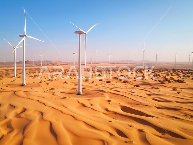 توليد الكهرباء بواسطة مزارع الرياح، مناخ قاسٍ وجاف، مفهوم استخدام الطاقات المتجددة صديقة البيئة، التنمية المستدامة بالطاقة البديلة في المملكة العربية السعودية، حقول توربينات الرياح وطواحين الهواء وسط الرمال الذهبية في المناطق الصحرواية