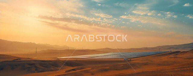 توليد الكهرباء بواسطة أشعة الشمس، مفهوم انتاج الطاقة البديلة الصديقة للبيئة في المملكة العربية السعودية, مزرعة الخلايا الشمسية على الرمال الذهبية الناعمة, محطات الطاقات الشمسية المتجددة, منظر لألواح الطاقة الكهروضوئية وسط الصحراء في وقت النهار