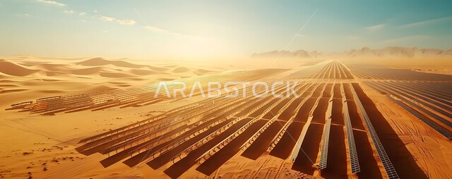 توليد الكهرباء بواسطة أشعة الشمس، مفهوم انتاج الطاقة البديلة الصديقة للبيئة في المملكة العربية السعودية, مزرعة الخلايا الشمسية على الرمال الذهبية الناعمة, محطات الطاقات الشمسية المتجددة, منظر لألواح الطاقة الكهروضوئية وسط الصحراء في وقت النهار