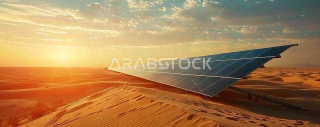 توليد الكهرباء بواسطة أشعة الشمس، مفهوم انتاج الطاقة البديلة الصديقة للبيئة في المملكة العربية السعودية, مزرعة الخلايا الشمسية على الرمال الذهبية الناعمة, محطات الطاقات الشمسية المتجددة, منظر لألواح الطاقة الكهروضوئية وسط الصحراء في وقت النهار