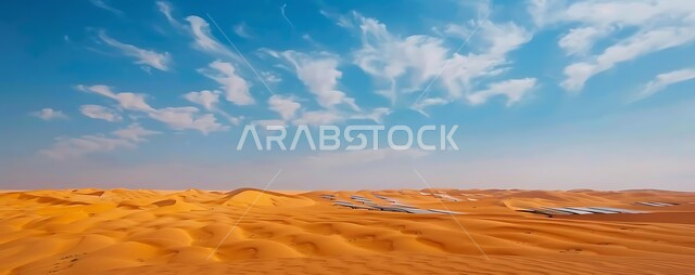 توليد الكهرباء بواسطة أشعة الشمس، مفهوم انتاج الطاقة البديلة الصديقة للبيئة في المملكة العربية السعودية, مزرعة الخلايا الشمسية على الرمال الذهبية الناعمة, محطات الطاقات الشمسية المتجددة, منظر لألواح الطاقة الكهروضوئية وسط الصحراء في وقت النهار