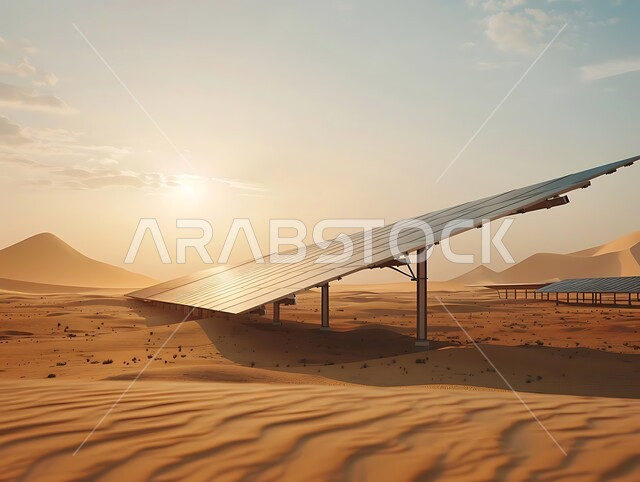 توليد الكهرباء بواسطة أشعة الشمس، مفهوم انتاج الطاقة البديلة الصديقة للبيئة في المملكة العربية السعودية, مزرعة الخلايا الشمسية على الرمال الذهبية الناعمة, محطات الطاقات الشمسية المتجددة, منظر لألواح الطاقة الكهروضوئية وسط الصحراء في وقت النهار