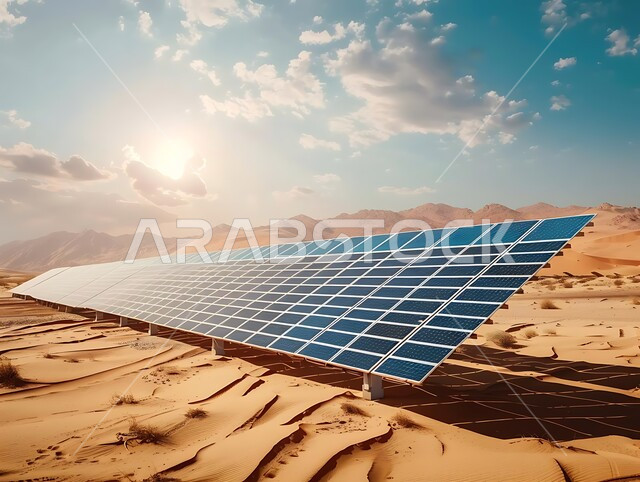 توليد الكهرباء بواسطة أشعة الشمس، مفهوم انتاج الطاقة البديلة الصديقة للبيئة في المملكة العربية السعودية, مزرعة الخلايا الشمسية على الرمال الذهبية الناعمة, محطات الطاقات الشمسية المتجددة, منظر لألواح الطاقة الكهروضوئية وسط الصحراء في وقت النهار