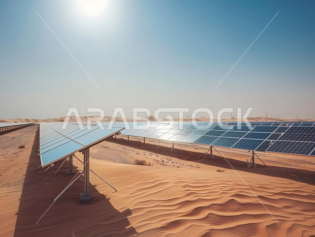 توليد الكهرباء بواسطة أشعة الشمس، مفهوم انتاج الطاقة البديلة الصديقة للبيئة في المملكة العربية السعودية, مزرعة الخلايا الشمسية على الرمال الذهبية الناعمة, محطات الطاقات الشمسية المتجددة, منظر لألواح الطاقة الكهروضوئية وسط الصحراء في وقت النهار