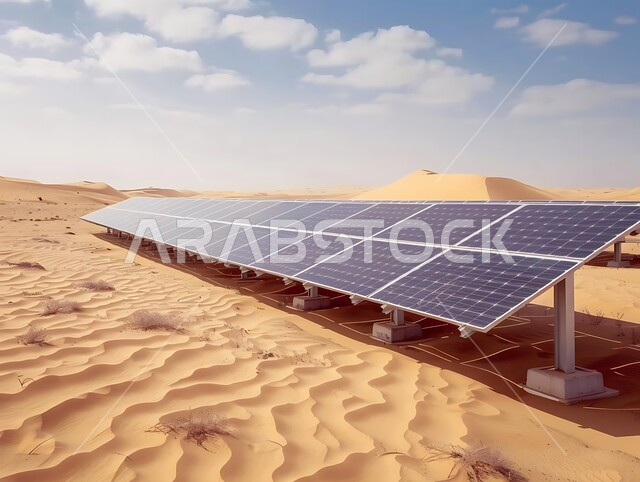 Solar power generation, concept of environmentally friendly alternative energy production in Saudi Arabia, solar cell farm on soft golden sand, renewable solar energy stations, view of photovoltaic panels in the middle of the desert during the day
