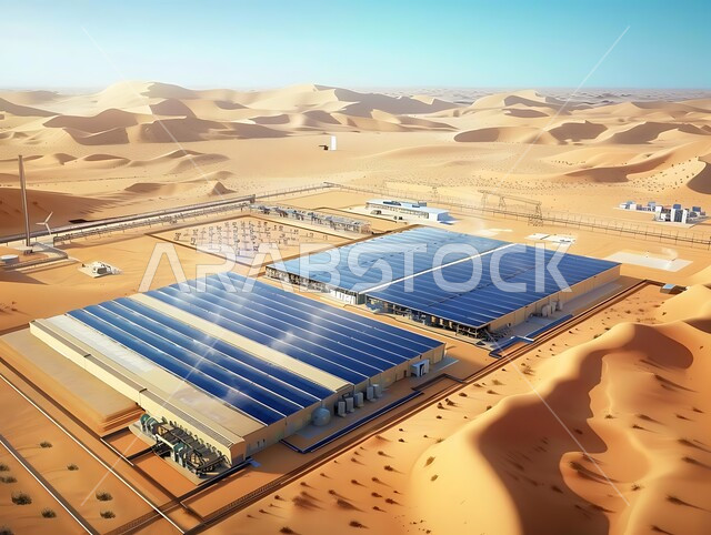 Solar power generation, concept of environmentally friendly alternative energy production in Saudi Arabia, solar cell farm on soft golden sand, renewable solar energy stations, view of photovoltaic panels in the middle of the desert during the day