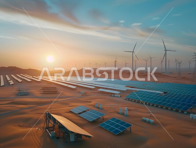 حقول ألواح الخلايا الشمسية وعنفات الرياح الكبيرة وسط الصحراء فوق الكثبان الرملية الذهبية, استخدام الطاقة المتجددة صديقة البيئة، محطة لتوليد الطاقة الكهربائية البديلة في المملكة العربية السعودية, التنمية المستدامة الطبيعية