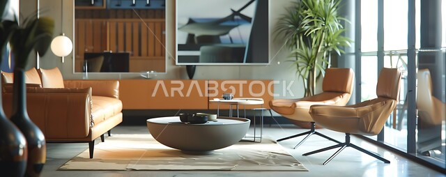 Modern contemporary design for offices in Saudi companies, spacious meeting hall with comfortable and elegant furniture, office rooms with luxurious interior designs, spacious business room equipped with luxurious decorations, arts of interior design and architecture, luxury furniture for business companies with distinctive decorations