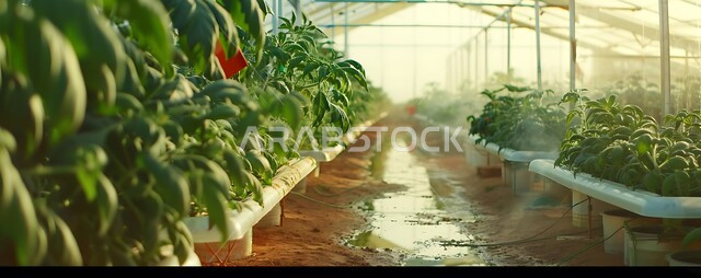 المحميات الزراعية والحاضنات  والمشاتل في المملكة العربية السعودية، صفوف من النباتات ضمن البيوت البلاستيكية,  مفهوم الإنتاش ونمو ساق النبات وأوراقها فوق الأرض، مفهوم العناية والاهتمام بالنبات بالطرق الحديثة، زراعة الشتلات ورعايتها بطرق مبتكرة 