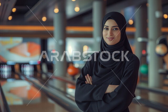 Caring about appearance and elegance, having fun bowling, recreational sports activities, a Saudi Arabian Gulf woman wearing a black abaya standing with crossed hands and looking at the camera with gestures of pleasure, expressions of seriousness and self-confidence