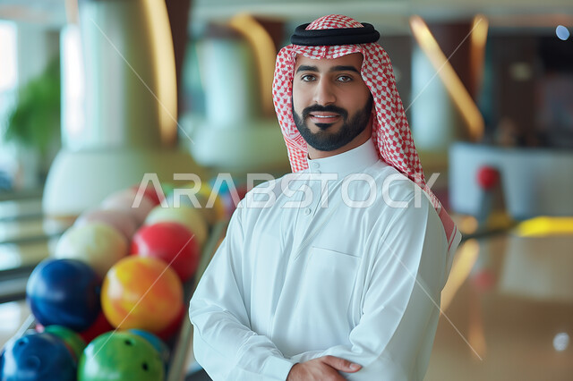 الاهتمام بالمظهر الخارجي والأناقة، قضاء أوقات ممتعة في ممارسة لعبة البولينج ، أنشطة رياضية ترفيهية ، رجل عربي خليجي سعودي يرتدي الزي السعودي التقليدي يقف بايدي متقاطعة وينظر الى الكاميرا بايماءات السرور، تعابير الجدية والثقة بالنفس