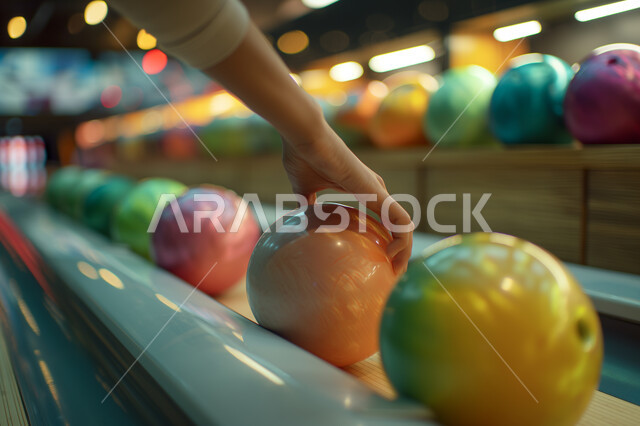 منافسات وتحديات في ملعب البولينج، صورة مقربة لمجموعة من كور البولينج، شابة عربية خليجية سعودية تمسك بكرة البولينج، مضمار البولينج، الاستعداد لرمي كرة البولينج، انشطه ترفيهيه رياضية، كره البولينج الترفيهية، انشطه ورياضات شبابية
