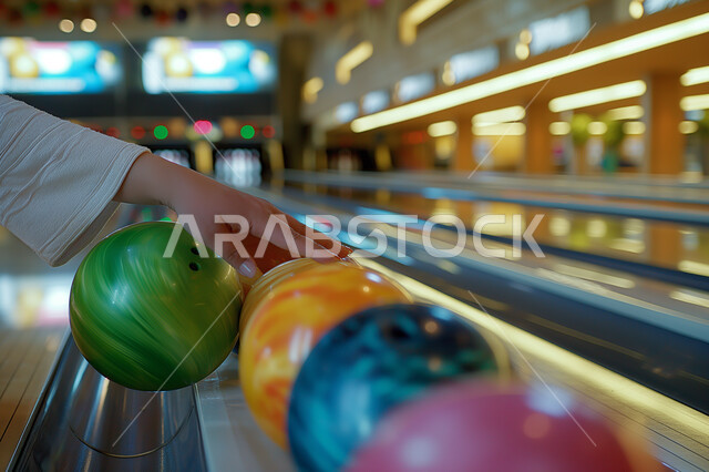 منافسات وتحديات في ملعب البولينج، صورة مقربة لمجموعة من كور البولينج، شابة عربية خليجية سعودية تمسك بكرة البولينج، مضمار البولينج، الاستعداد لرمي كرة البولينج، انشطه ترفيهيه رياضية، كره البولينج الترفيهية، انشطه ورياضات شبابية