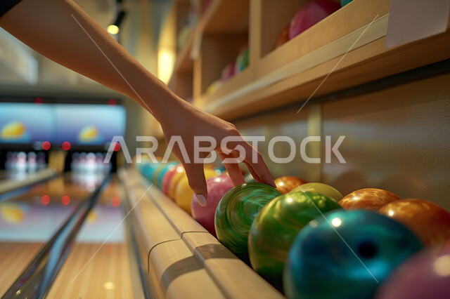 منافسات وتحديات في ملعب البولينج، صورة مقربة لمجموعة من كور البولينج، شابة عربية خليجية سعودية تمسك بكرة البولينج، مضمار البولينج، الاستعداد لرمي كرة البولينج، انشطه ترفيهيه رياضية، كره البولينج الترفيهية، انشطه ورياضات شبابية