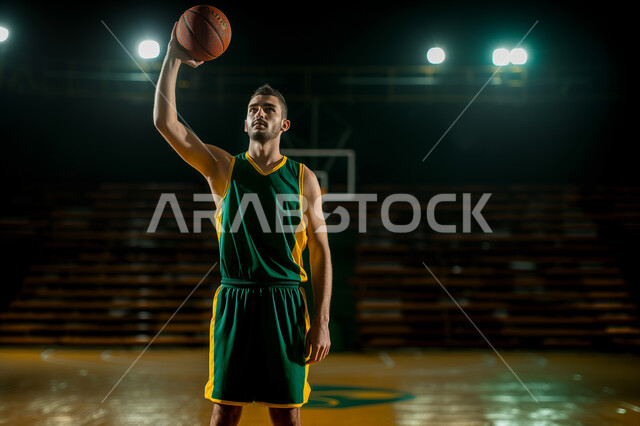 ايماءات تدل على السعادة, بورتريه لولد عربي خليجي سعودي يرتدي الملابس الرياضية يحمل تحت ذراعه كرة السلة, علامة الجودة,  هواية اللعب بكرة السلة, انشطة رياضية ترفيهية للاطفال, صورة الجسم بالطول الكامل, خلفية صفراء