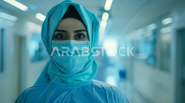 الحفاظ على السلامة و تجنب انتشار العدوى من كوفيد 19، بورتريه لطبيبة أخصائية سعودية خليجية ترتدي الكمامة ، تقدم خدماتها للمرضى بكل كفاءه، مفهوم الطب والرعاية الصحية ، اتباع الإجراءات الاحترازية للوقائية من فايروس كورونا