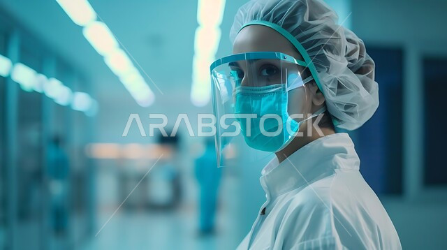 الحفاظ على السلامة و تجنب انتشار العدوى من كوفيد 19، بورتريه لطبيبة أخصائية سعودية خليجية ترتدي الكمامة ، تقدم خدماتها للمرضى بكل كفاءه، مفهوم الطب والرعاية الصحية ، اتباع الإجراءات الاحترازية للوقائية من فايروس كورونا