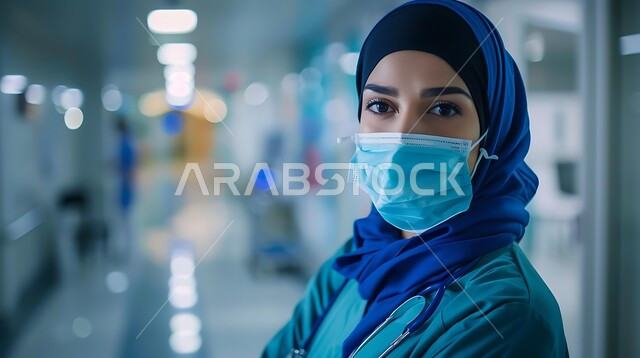 الحفاظ على السلامة و تجنب انتشار العدوى من كوفيد 19، بورتريه لطبيبة أخصائية سعودية خليجية ترتدي الكمامة ، تقدم خدماتها للمرضى بكل كفاءه، مفهوم الطب والرعاية الصحية ، اتباع الإجراءات الاحترازية للوقائية من فايروس كورونا