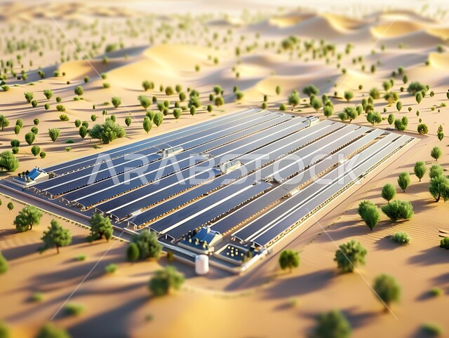 مفهوم انتاج الطاقة البديلة الصديقة للبيئة في المملكة العربية السعودية, مزرعة الخلايا الشمسية على الرمال الذهبية الناعمة, محطات الطاقات الشمسية المتجددة, صورة من الأعلى لألواح الطاقة الكهروضوئية وسط الصحراء في وقت النهار