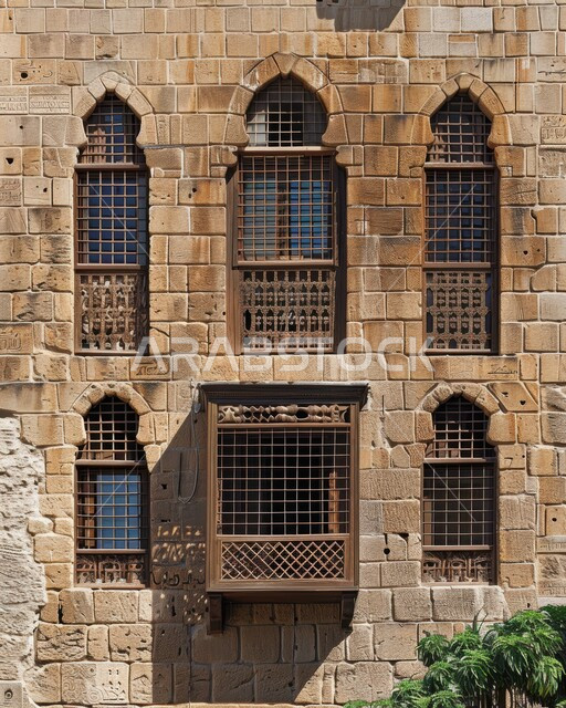 الاشجار والنباتات الخضراء، البناء الهندسي المعماري على النمط القديم،  نوافذ و تصاميم وديكورات على الطراز الديني الاسلامي, نوافذ خشبية منحوتة بالنقوش والزخارف التراثية